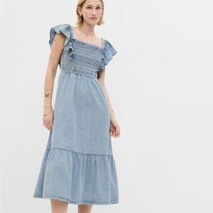 GAP Light Blue Smocked Midi Dress with Ruffle Sleeves